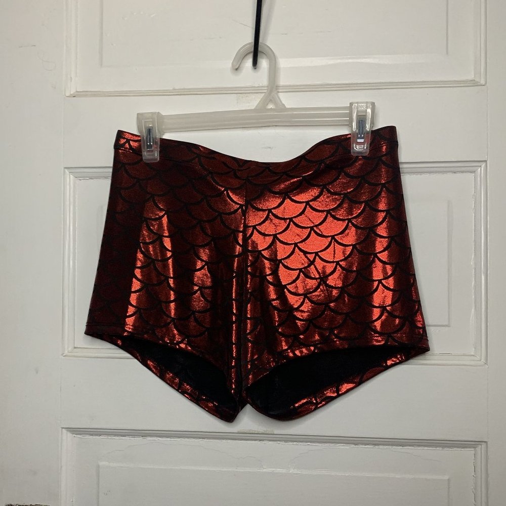 Red Sparkly Mermaid High Waisted Rave Dance Spandex Booty Shorts Size XL